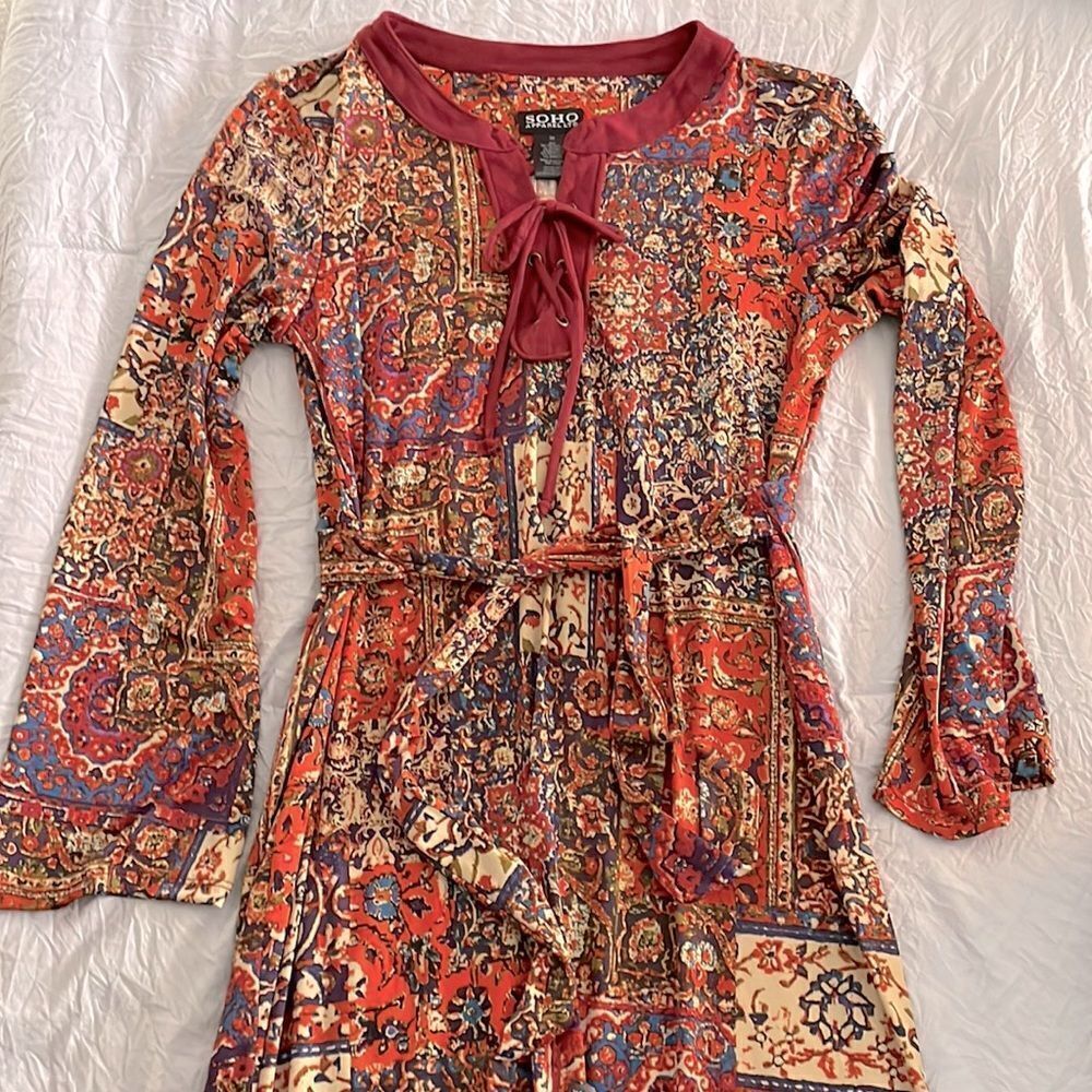 Soho NWT Paisley Print Belted Dress Long Sleeve Boho Size M